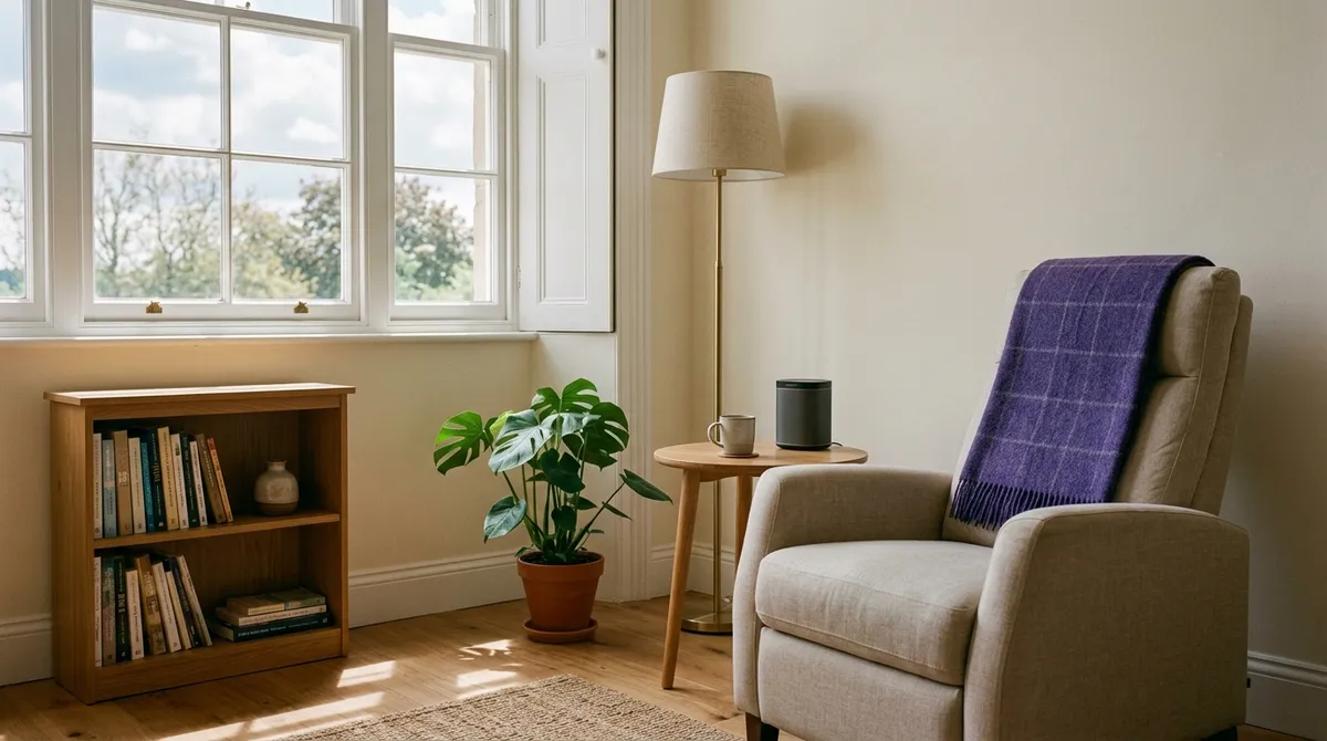 Cabinet d'hypnothérapeute vide avec fauteuil et bibliothèque
